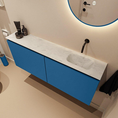 MONDIAZ TURE-DLUX Meuble WC 120 cm Jeans. Lavabo EDEN Opalo position droite. Sans trou de robinet.