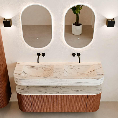 MONDIAZ THOR-DLUX 140cm badmeubel ronding links + rechts kleur Ruby met 1 lade en 2 deuren. Vrijhangende wastafel CLOUD Dubbel zonder kraangat kleur Nata.