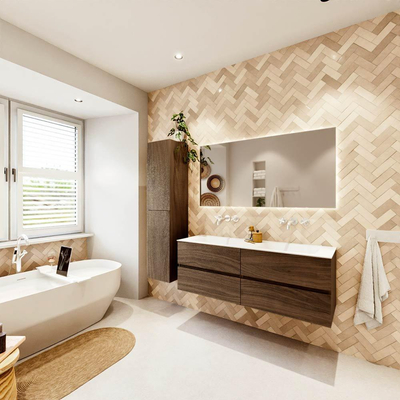 Mondiaz VICA 140cm meubles de salle de bains Mocha 4 tiroirs. Lavabo CLOUD Double sans trou pour robinet, couleur Talc.