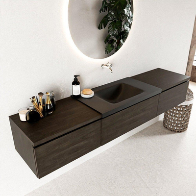 Mondiaz bukla ensemble de meubles de salle de bain 200x45x34cm 0 robinets lavabo moyen surface solide urbaine sans poignée 3 tiroirs avec fermeture douce mélamine marron foncé