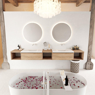 MONDIAZ BUKLA 280cm ensemble de meuble avec module ouvert 40 L+M+R couleur Chêne blanchi avec 2 tiroirs. Lavabo CLOUD double 0 trous de robinet couleur Talc.