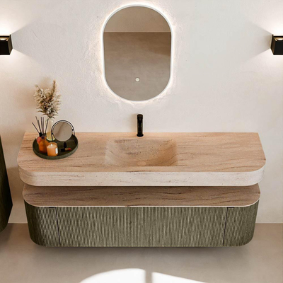 MONDIAZ THOR-DLUX 170cm badmeubel ronding links + rechts kleur Shadow met 1 lade en 2 deuren. Vrijhangende wastafel CLOUD Midden 1 kraangat kleur Saba.