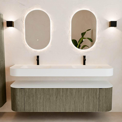 MONDIAZ THOR Meuble de salle de bains 170cm arrondi gauche + droite couleur Shadow avec 1 tiroir et 2 portes. Vasque suspendue CLOUD Double 2 trous de robinet couleur Talc.