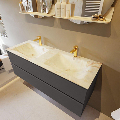 Mondiaz VICA-DLUX Ensemble de meuble de salle de bain - 130cm - meuble sous-vasque gris foncé - 2 tiroirs - lavabo encastré cloud double - 2 trous de robinet - version haute de 60cm - frape