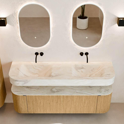 MONDIAZ THOR-DLUX 160cm badmeubel ronding links + rechts kleur Oak met 1 lade en 2 deuren. Vrijhangende wastafel CLOUD Dubbel zonder kraangat kleur Ostra.