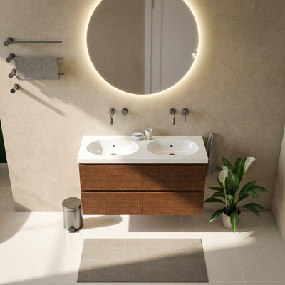 Saniclass Holz Pure Ensemble de meubles de salle de bains - 120x45x63.5cm - lavabo Palermo en céramique blanc - 2 vasques - sans trous de robinetterie - 4 tiroirs - noyer pure mat (bois)