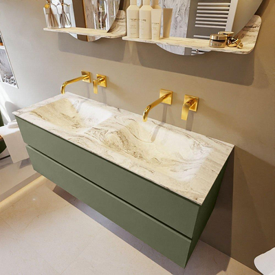 MONDIAZ VICA-DLUX Ensemble meuble de salle de bains - 130cm - meuble bas army - 2 tiroirs - lavabo encastré cloud double - sans trous de robinet - version haute 60cm - glace