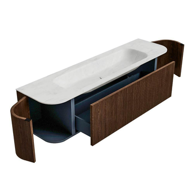 MONDIAZ KURVE-DLUX Meuble de salle de bains 170 cm avec module 25 Len R couleur Walnut avec 1 tiroir et 2 portes. Lavabo BIG LARGE central 2 trous de robinet couleur Opalo.