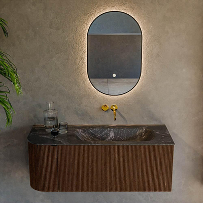 MONDIAZ KURVE-DLUX 115cm badmeubel met module 25 L kleur Walnut met 1 lade en 1 deur. Wastafel BIG SMALL rechts zonder kraangat kleur Lava.