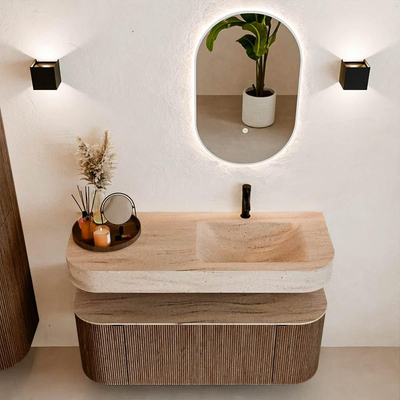 MONDIAZ THOR-DLUX 120cm meuble de salle de bains arrondi gauche + droite couleur Walnut avec 1 tiroir et 2 portes. Vasque suspendue CLOUD Droite 1 trou de robinet couleur Saba.