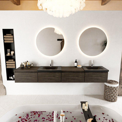 MONDIAZ BUKLA 240cm ensemble de meuble avec module 60 gauche couleur Marron Foncé avec 4 tiroirs. Lavabo CLOUD double 2 trous de robinet couleur Urban.