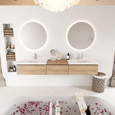 MONDIAZ BUKLA 220cm meuble de salle de bain avec module 60 couleur Chêne blanchi avec 3 tiroirs. Lavabo CLOUD double 2 trous de robinet couleur Talc.