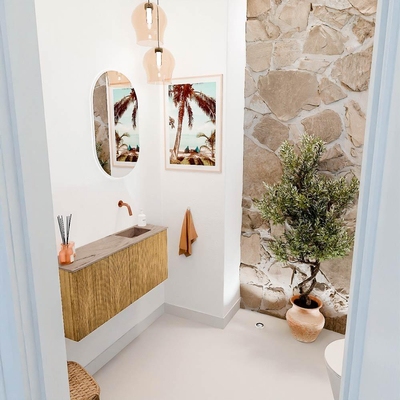 Mondiaz JOYA-DLUX 90cm toiletmeubel - kleur Oak - Wastafel FAYE positie Rechts Zonder kraangat kleur Arena.