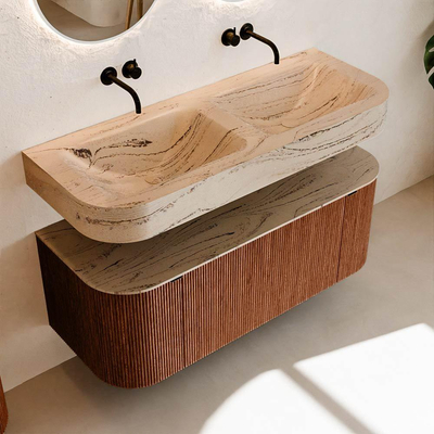 MONDIAZ THOR-DLUX 120cm meuble de salle de bains arrondi gauche + droite couleur Ruby avec 1 tiroir et 2 portes. Vasque suspendue CLOUD Double sans trou de robinet couleur Arena.