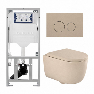 QeramiQ Dely Swirl Ensemble WC - 36.3x51.7cm - réservoir encastré Geberit UP320 - avec cadre Burda - abattant 35mm - plaque de commande taupe - boutons ronds - beige