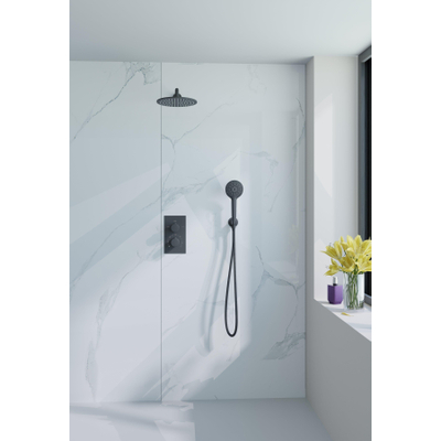 Fortifura Calvi Ensemble de douche pluie encastrable - thermostatique - bras mural - pommeau 25cm - douchette ronde - flexible lisse - Noir mat