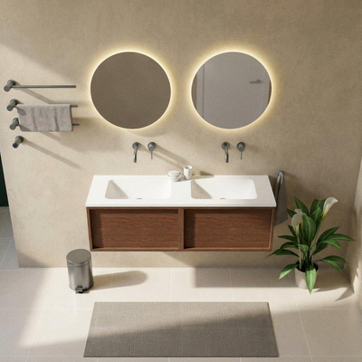 Saniclass Holz Frame Ensemble de meubles de salle de bains - 140x45x57.5cm - lavabo Torino en solid surface blanc - sans trou de robinetterie - 2 tiroirs - noyer pure mat (bois)