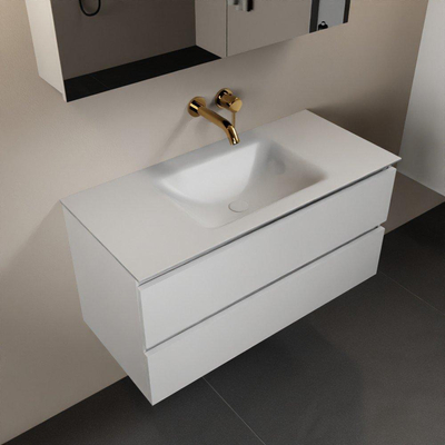 Mondiaz Aivy badmeubelset - 100x45x50cm - 0 kraangaten - 1 wasbak talc Solid surface - Midden - 2 lades - Met spiegelkast - MDF Talc