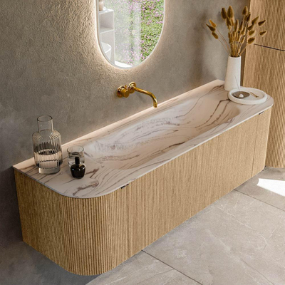 MONDIAZ KURVE-DLUX 150cm badmeubel ronding Links + Rechts kleur Oak met 1 lade en 2 deuren. Wastafel BIG MEDIUM Midden zonder kraangat Nata.