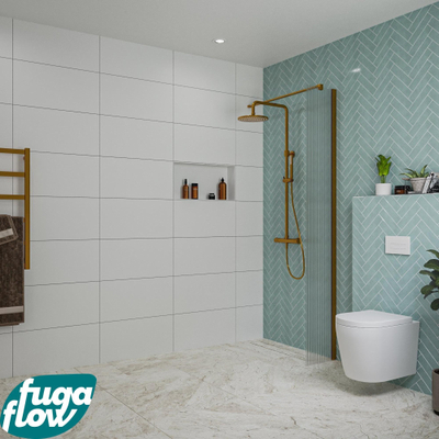 FugaFlow Eccelente Vetro inloopdouche badkamer - 30x200cm - ribbelglas - wandarm - geborsteld koper