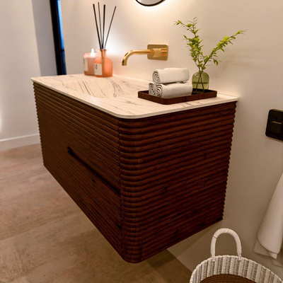 Mondiaz CIRO-DLUX Meuble de salle de bains - 100x45x50cm - plan vasque solid surface Nata - 1 vasque au centre - sans trous de robinetterie - 2 tiroirs - Ruby