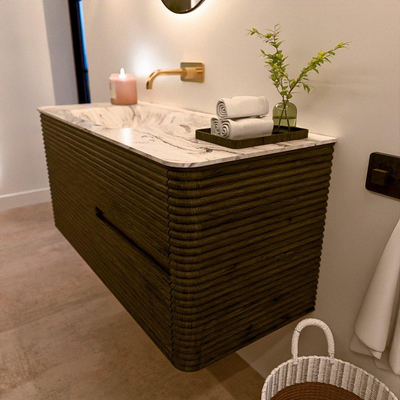 Mondiaz CIRO-DLUX Ensemble de meubles de salle de bains - 110x45x50cm - vasque solid surface Glace - 1 lavabo à gauche - sans trous de robinet - 2 tiroirs - Shadow
