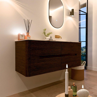 Mondiaz CIRO-DLUX Ensemble de meubles de salle de bains - 130x45x50cm - Vasque en solid surface Nata - 1 bassin à droite - sans trous de robinet - 4 tiroirs - Noyer