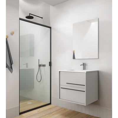 Saniclass Prime Essential Meuble de salle de bain - 60x55x46cm - 1 vasque rectangulaire blanc - 1 trou de robinet - 2 tiroirs - miroir rectangulaire - mat cotton (beige)