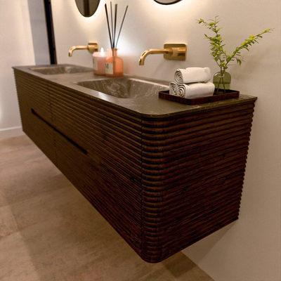 Mondiaz CIRO-DLUX Meuble de salle de bains - 180x45x50cm - plan-vasque Solid surface Lava - 2 vasques Double - sans trous de robinet - 4 tiroirs - Noyer