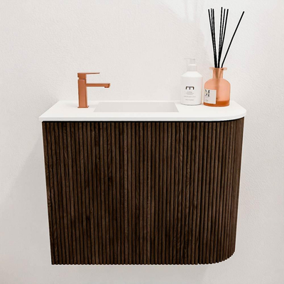 Mondiaz JOYA 51.6cm toiletmeubel - ronding rechts kleur Walnut - Wastafel FAYE positie Links 1 kraangat kleur Talc.