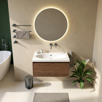 Saniclass Holz Frame Ensemble meuble de salle de bains - 80x45x43.5cm - lavabo en céramique Palermo blanc - 1 vasque - sans trou de robinetterie - 1 tiroir - mat walnut pure (bois)