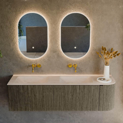 MONDIAZ KURVE-DLUX Meuble de salle de bains 155cm arrondi à droite couleur Shadow avec 2 tiroirs et 1 porte. Lavabo LEAF Double / Gauche sans trou de robinet Meli.