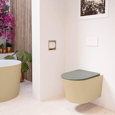 Mondiaz LAVIE hangtoilet – spoelrandloos – 36 x 53 cm – met softclose zitting – Sand (beige), zitting Smoke (lichtbruin)