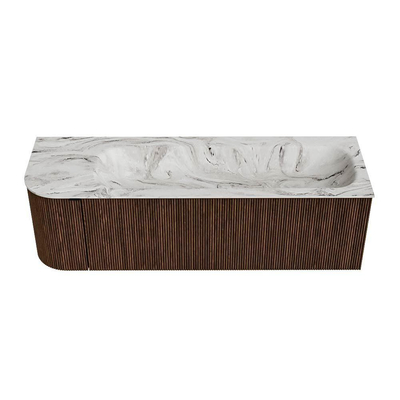 MONDIAZ KURVE-DLUX meuble de salle de bains 145 cm avec module 25 L couleur Walnut avec 1 tiroir et 1 porte. Lavabo BIG LARGE à droite 1 trou de robinet couleur Glace.