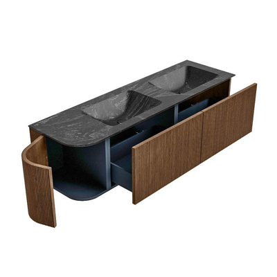 MONDIAZ KURVE-DLUX 155cm Meuble salle de bain avec module 25 G - couleur Walnut - 2 tiroirs - 1 porte - vasque LEAF double / droite - sans trou de robinet - couleur Lava