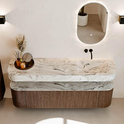 MONDIAZ THOR-DLUX 170cm meuble de salle de bains arrondi gauche + droite couleur Walnut avec 1 tiroir et 2 portes. Vasque suspendue CLOUD droite sans trou de robinet couleur Glace.