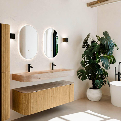 MONDIAZ THOR-DLUX 140cm meuble de salle de bains arrondi gauche + droite couleur Oak avec 1 tiroir et 2 portes. Vasque suspendue CLOUD Double 2 trous de robinet couleur Saba.