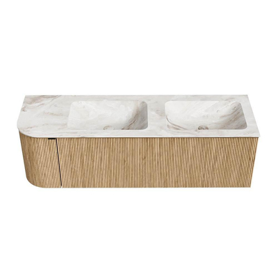 MONDIAZ KURVE-DLUX Meuble de salle de bains 145 cm avec module 25 L couleur Oak avec 1 tiroir et 1 porte. Lavabo LEAF double / droite 2 trous de robinet couleur Frappe.