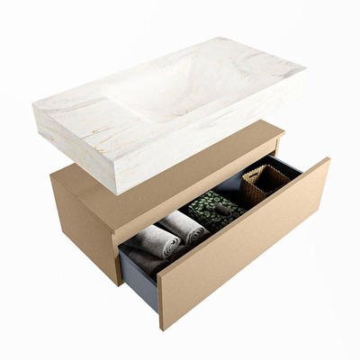 Mondiaz ALAN-DLUX Ensemble de meuble - 90cm - meuble Oro mat - 1 tiroir - Lavabo Cloud Ostra suspendu - vasque Centre - 0 trous de robinet