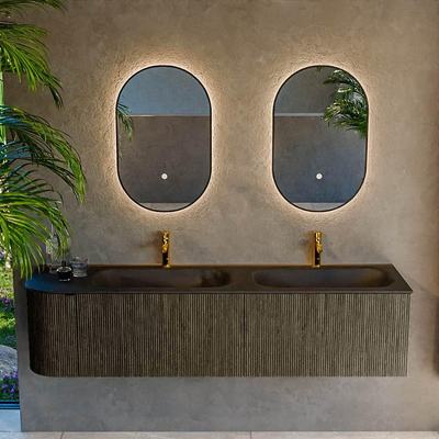 Mondiaz KURVE Ensemble de meuble salle de bain - 175x46x40cm - 2 tiroirs - 1 porte - lavabo en solid surface - double / droite - 2 trous de robinet - Shadow