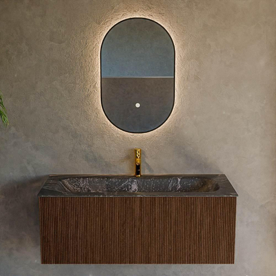 MONDIAZ KURVE-DLUX 110cm badmeubel kleur Walnut met 1 lade. Wastafel BIG MEDIUM midden 1 kraangat kleur Lava.