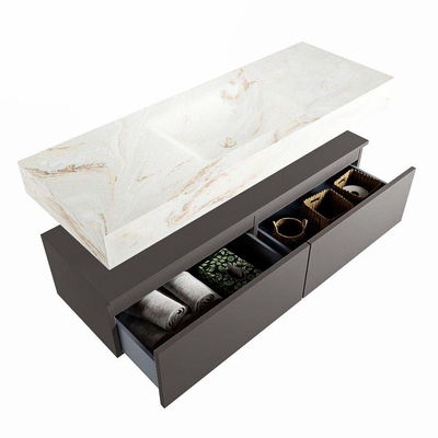 Mondiaz ALAN-DLUX Ensemble de meuble - 130cm - meuble Dark grey mat - 2 tiroirs - Lavabo Cloud Frappe suspendu - vasque Centre - 1 trou de robinet