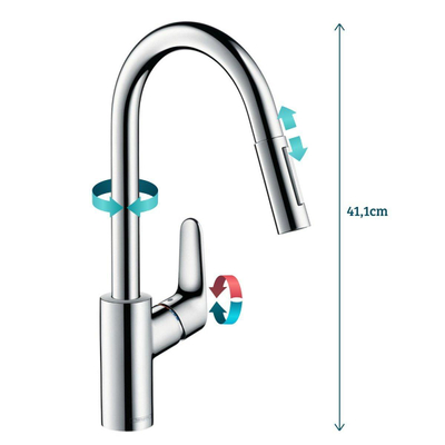 Hansgrohe Focus m41 Eengreeps keukenmengkraan - 240 met uittrekbare vuistdouche - 2 straalsoorten - hoogglans chroom