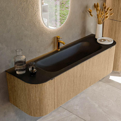 MONDIAZ KURVE 150cm badmeubel met module 25 Len R kleur Oak met 1 lade en 2 deuren. Wastafel BIG MEDIUM midden 1 kraangat Urban.