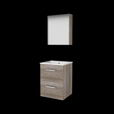 Basic-Line Comfort 46 ensemble de meubles de salle de bain 50x46cm avec poignées 2 tiroirs lavabo en porcelaine 1 trou pour robinet armoire de toilette mfc scotch oak