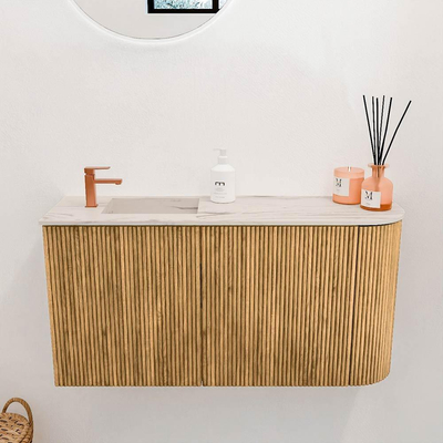 Mondiaz JOYA-DLUX 81.6cm toiletmeubel - ronding rechts kleur Oak - Wastafel FAYE positie Links 1 kraangat kleur Nata.