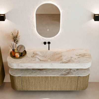 MONDIAZ THOR-DLUX 160cm meuble de salle de bains arrondi gauche + droite couleur Dusk avec 1 tiroir et 2 portes. Vasque suspendue CLOUD Milieu sans trou de robinet couleur Frappe.