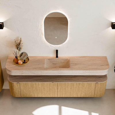 MONDIAZ THOR-DLUX 200cm meuble de salle de bains arrondi gauche + droite couleur Chêne avec 2 tiroirs et 2 portes. Vasque suspendue CLOUD Milieu 1 trou de robinet couleur Saba.