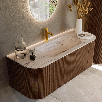 MONDIAZ KURVE-DLUX 120cm badmeubel ronding Links + Rechts kleur Walnut met 1 lade en 2 deuren. Wastafel BIG SMALL Midden 1 kraangat Nata.