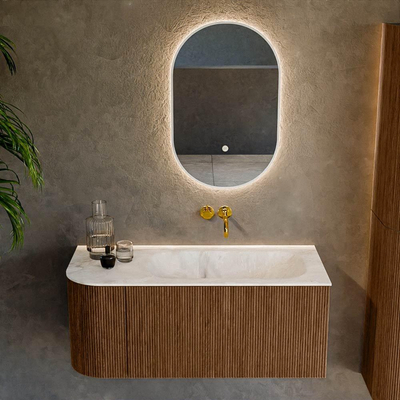 MONDIAZ KURVE-DLUX 105cm Meuble salle de bain avec module 25 G - couleur Walnut - 1 tiroir - 1 porte - vasque BIG SMALL droite - sans trou de robinet - couleur Frappe